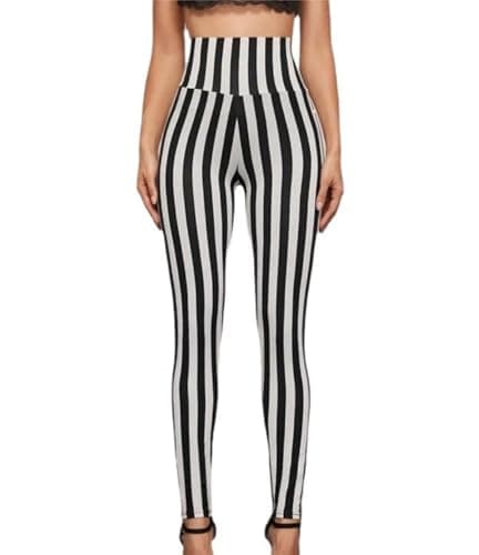 Image of High Waisted Yoga Pants for Women, Slim Fit Black White Striped Ankle Length Stretchy Legging Pants, Soft Monochrome Contrast Stripe Leggings, Ladies Elasticated Running Workout Athletic Long Pants