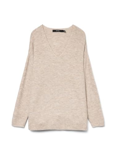 Image of VERO MODA Knit V-Neck Sweater Long Sleeve Knitted Jumper VMCREWLEFILE, Colours:Beige, Size:M