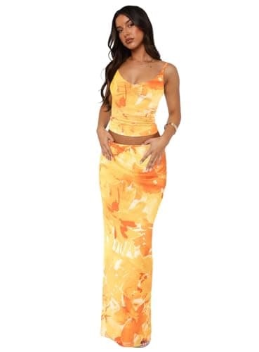 Image of Lybiogs Two Piece Skirt Set for Women - Sexy 2 Pc Sleeveless Spaghetti Strap Pleated Tank Top Maxi Long Skirts Sets, Yellow Orange, XL