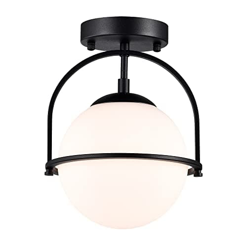 Image of Alighting Black Globe Ceiling Light with 18cm Frosted Glass Shade, Semi Flush Mount Mid Century Modern Glass Ceiling Lights for Hallway, Bathroom, Kitchen,E14 (Bulb Not Included)