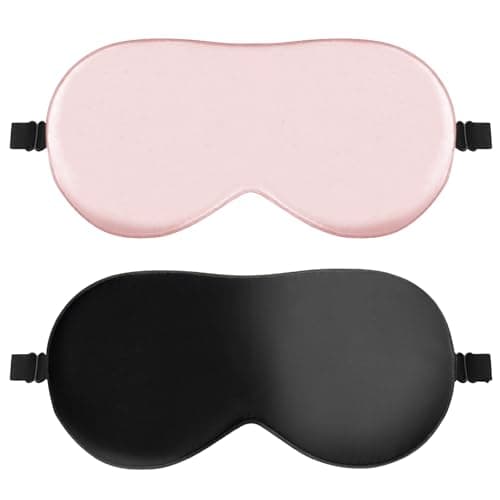 Image of Quelcc Sleep Mask, 2 Pack Silk Eye Mask, Soft Eye Mask for Sleeping, Light-Blackout Design, with Adjustable Strap, for Night, Travel, Nap (Black+ Pink)