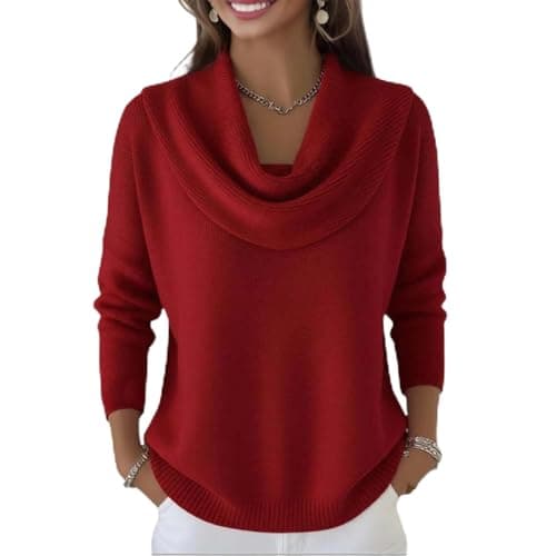Image of Women's Chunky Knitted Jumper with Cowl Neck and Batwing Sleeves, Soft Turtleneck Pullover Sweater with Pockets, Long Sleeve Casual Winter Warm Knitwear Ladies V Neck Jumpers UK