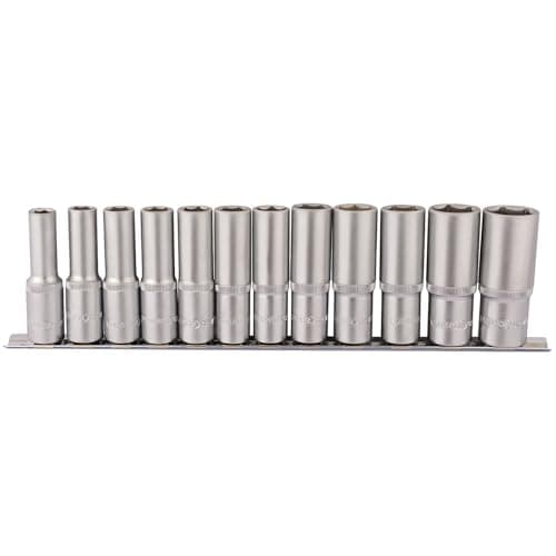 Image of Draper 16403 1/2-Inch Square Drive Metric Deep Sockets 12 Piece Set on Metal Rail , Blue
