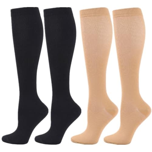 Image of Zingso Compression Socks for Women Men, 2 Pairs 20-25mmHg Knee High Socks Compression Stockings for Sport, Athletic, Edema, Diabetic, Varicose Veins, Travel, Pregnancy, Nursing (S/M, Black Skin)