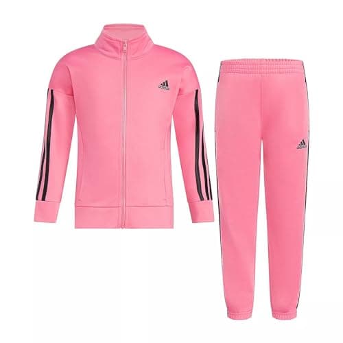 Image of adidas Girls' Zip Front Classic Jacket and Joggers Tricot Track Set (Pack of 2), magenta pink, 8