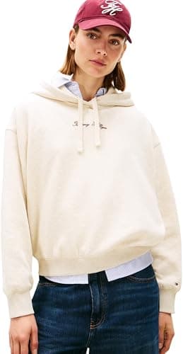 Image of Tommy Hilfiger Women's Classic Script Fleece Hoodie, Off-White (Heather Oatmilk), M