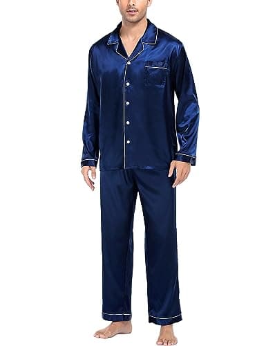 Image of SWOMOG Mens Silk Satin Pyjama Set Button-Down Pyjamas Long Sleeve Sleepwear 2 Piece Pjs for Men Navy Blue