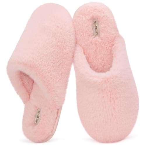 Image of Snug Leaves Women's Fluffy Memory Foam Slip On Slippers with Cosy Faux Fur Lined House Shoes for Ladies Pink, 7-8 UK