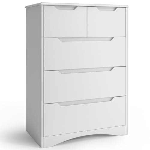 Image of Xbro 5 Drawer Chest of Drawers, Bedroom Drawer Dresser, Black Modern Dresser with Curved Handles & Smooth Rails, Large Capacity Storage Unit for Bedroom, Living Room & Hallway