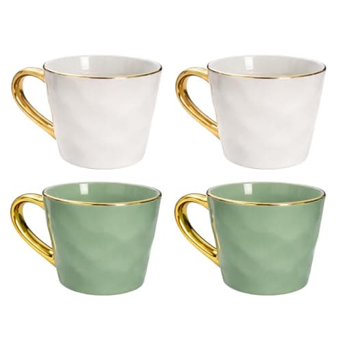 Image of YöL Set of 4 Hammered Finish Mugs 370ml – 2 Green and 2 Grey Stoneware Coffee Cups with Textured Design and Comfortable Gold Glazed Handle – Modern Tea and Hot Chocolate Mug Set