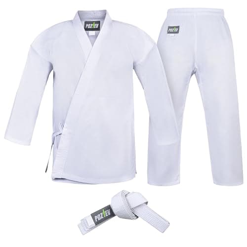 Image of POZTEV Karate Uniform for Kids & Adults Lightweight Student Gi Pants and Jackets for Martial Arts Uniform With Free Belt, White, 1(4'6'’/90lbs)