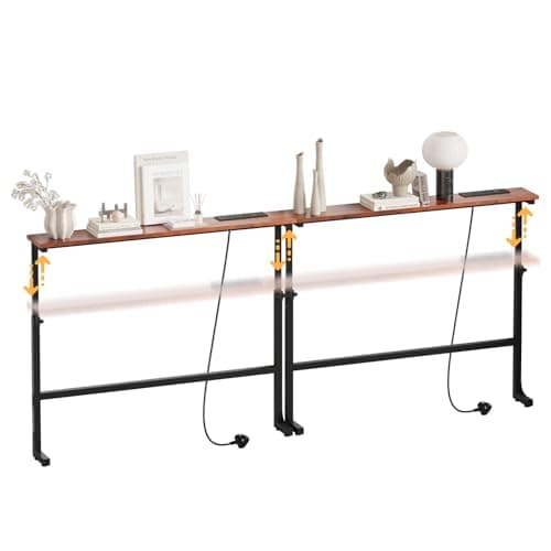 Image of Luxstein 2 Pack Slim Console Table, 200cm Height Adjustable Behind Sofa Table with Charging Station for Hallway, Entryway, Living Room, Rustic Brown