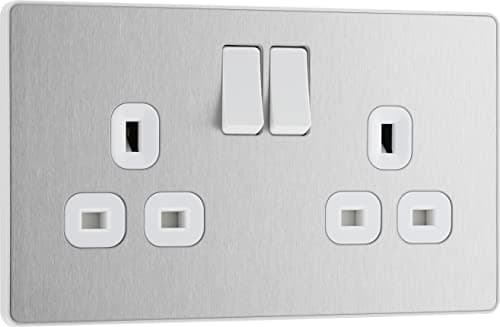 Image of BG Electrical Double Switched Power Plug Wall Socket, Screwless, Evolve, Brushed Steel, 13A, PCDBS22W