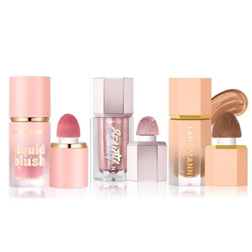 Image of 3 Pack Liquid Contour & Highlighter & Blush Makeup Set, Long Lasting Natural Weightless Buildable Contouring Bronzer Blusher Stick Beauty Wand Liquid Highlighter Makeup (Set A)
