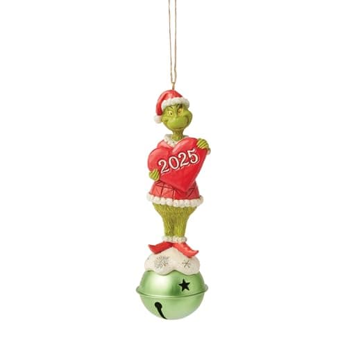 Image of Enesco Dr. Seuss Grinch by Jim Shore Standing on a Jingle Bell 2025 Dated Hanging Ornament, 5.5 Inch, Multicolor