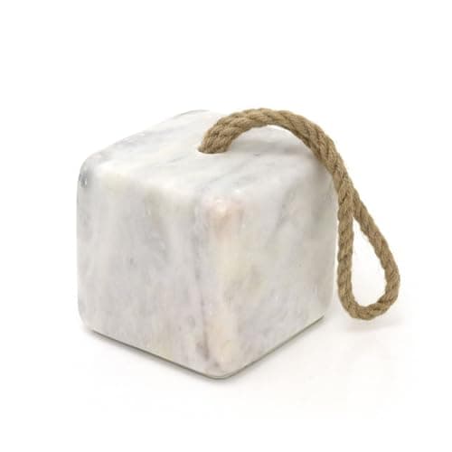 Image of 3kg Square White Marble Doorstop | Natural Marble Cube Weighted Door Stopper for Floor | Heavy Duty Marble Door Stop with Handle - 10cm