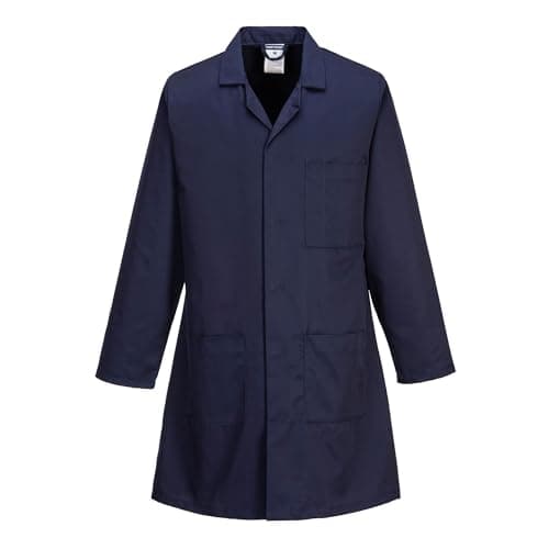 Image of Portwest 2852 Standard Lab Coat Unisex Work Jacket Chore Coat Durable Kingsmill Polycotton Professional Workwear 3 Pockets Stud Front, Navy, XXL