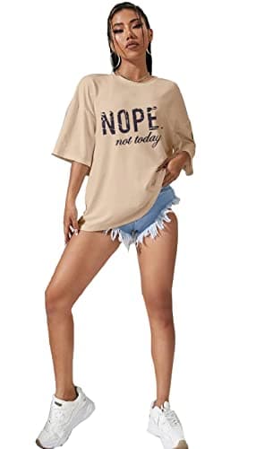 Image of Pure Fashion UK® Women's Slogan Printed Oversized Short Sleeves T-Shirt Ladies Summer Baggy Loose Fit Round Neck Tee Tops Elegant Casual Wear Shirts (Nope Not Today Beige, S-M)