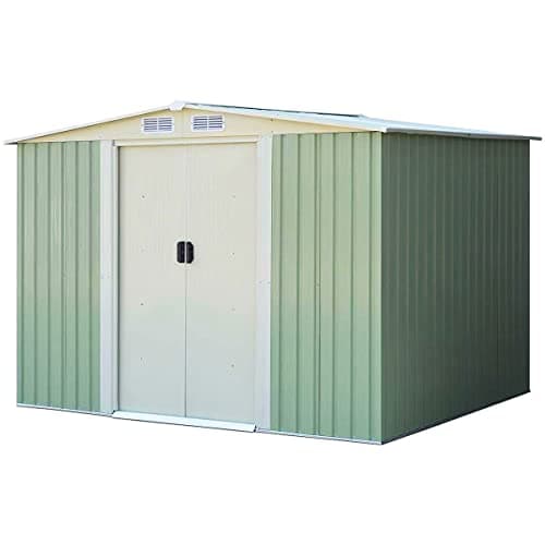 Image of TANGZON 8x6FT/9x6FT/11x8FT Metal Garden Shed, Galvanized Roof Tool Storage House with Lockable Doors & 4 Vents, Outdoor All-Weather Bike Shed (8x6FT, 4 Vents, Light Green)