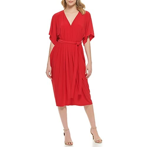 Image of Tommy Hilfiger Womens Red Belted Solid Long Sleeve Round Neck Above The Knee Fit + Flare Cocktail Dress UK Size:16