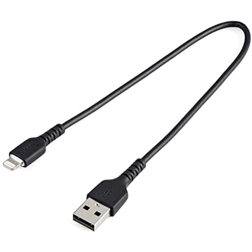 Image of StarTech.com 12inch (30cm) Durable Black USB-A to Lightning Cable - Heavy Duty Rugged Aramid Fiber USB Type A to Lightning Charger/Sync Power Cord - Apple MFi Certified iPad/iPhone 12 (RUSBLTMM30CMB)