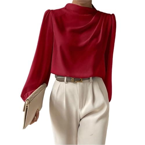 Image of Long Sleeve Satin Blouse for Women UK Elegant Cowl Neck Puff Shoulder Top with Drape Front Smooth Formal Shirt for Office Wear Evening Occasions or Special Events M Red