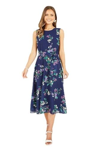 Image of Yumi Navy Floral Print Skater Dress (UK, Numeric, 14, Regular, Regular, Blue)
