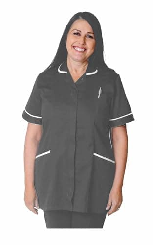 Image of Skywear T66 Ladies Tunic Tops - Women's Healthcare & Beauty Tunics for Women UK | Work Uniforms for Office, Salon, Nurse & Spa - Multicolor Short Sleeve Tops, Black with White Trim, 14