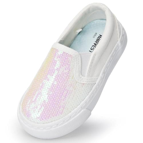 Image of Kids Glitter Trainers Girls Canvas Sneakers Athletic Classic Walk Sport Pumps Light Slip on Outdoor Shoes GlitterWhite 5