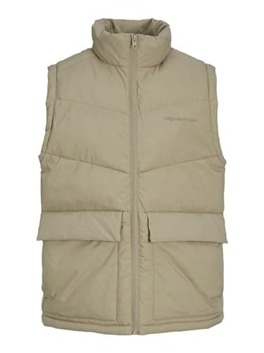 Image of JACK & JONES Mens Puffer Gilet Full Zip Stand up Bodywarmer Quilted Collar Sleeveless Jackets for Men, Beige Colour, Size- 2XL