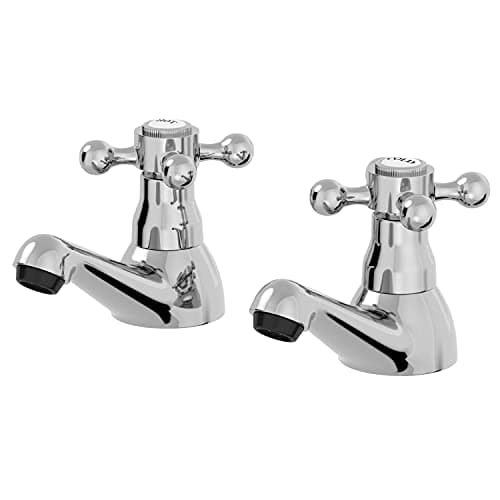 Image of Park Lane® Oxford Bathroom Basin Sink Pillar Tap Pair Traditional Round Single Crosshead Handle Faucet Taps for Sinks, Chrome