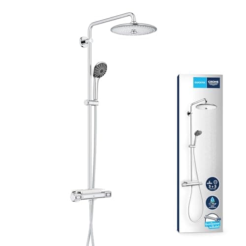 Image of GROHE Vitalio Joy 260 - Cool Touch Thermostatic Mixer (26 cm Shower Head with 3 Spray, Toiletries Tray, 11 cm Hand Shower 3 Spray with Easy Clean Nozzles, 1750 mm Twist-Free Hose), Chrome, 26403002