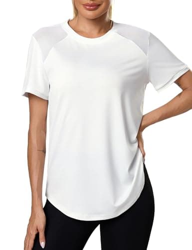 Image of Terecey Women's Sports T-Shirt Crew Neck Short Sleeve Tee Moisture Wicking Dry Fit Running Fitness Gym Tops Mesh Panel Breathable Lightweight Ladies Yoga Shirts, White M