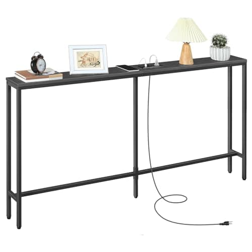 Image of MAHANCRIS Skinny Console Table with Power Outlets, 160 cm Narrow Sofa Table, Behind Couch Table with Charging Station for Plants, Living Room, Black ACTBK165KE01