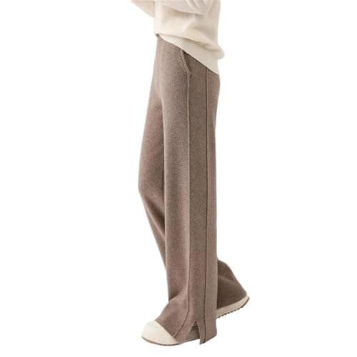 Image of Women Merino Wool Trousers, Elastic Waist Side Slit Soft Wide Leg Pants