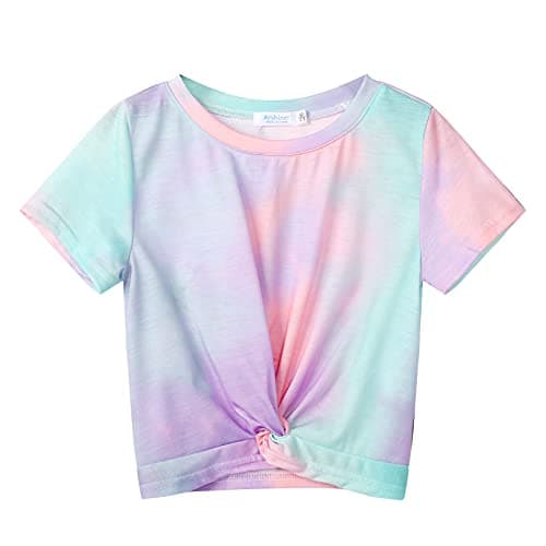 Image of Arshiner Girls T-Shirts Twist Front Kids Summer Printed Round Neck Short Sleeve Tops Casual Fashion Tee Shirt for Girls 6-7 Years