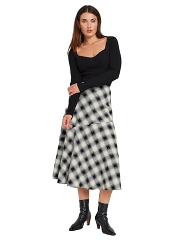 Image of Long Tall Sally - LTS Tall Check Print Tiered Midi Skirt - Women's Black