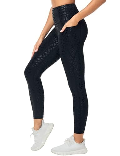 Image of THE GYM PEOPLE Women's High Waisted Gym Leggings Tummy Control Stretchy Running Yoga Trousers with Pockets/Black Leopard/M