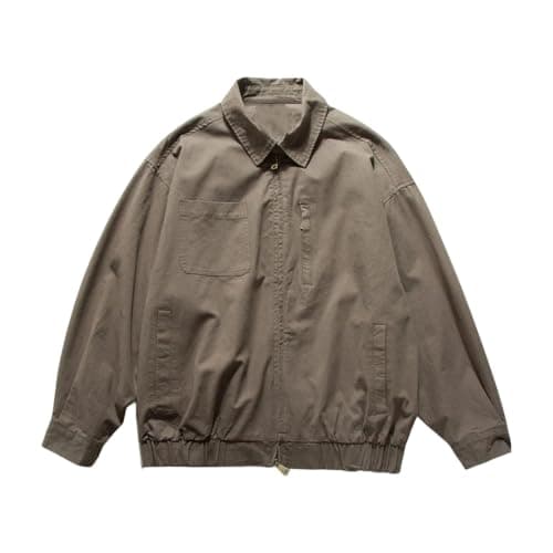 Image of Vsadsau Unisex Zipper Multi Pocket Jacket Washed Cotton Loose Fit Long Sleeve Casual Jacket