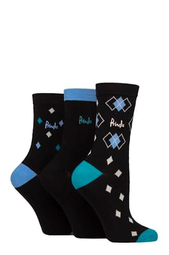 Image of Pringle of Scotland Womens Patterned Cotton Socks Pack of 3 (UK 4-8 Black Argyle)