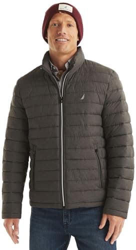 Image of Nautica Men's Reversible Quilted Puffer Jacket –Midweight Mechanical Stretch Winter Coat, Charcoal Grey Heather, XXL