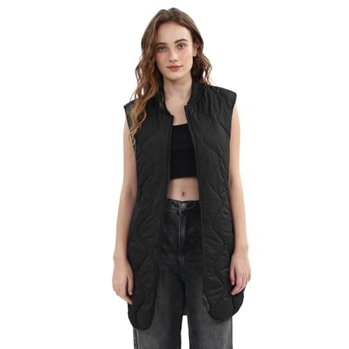 Image of Amazhiyu Womens Quilted Gilet, Womens Lightweight Bodywarmer Quilted Jacket, Long Ladies Zip-Up Sleeveless Padded Vest Waistcoat with Pockets Black M