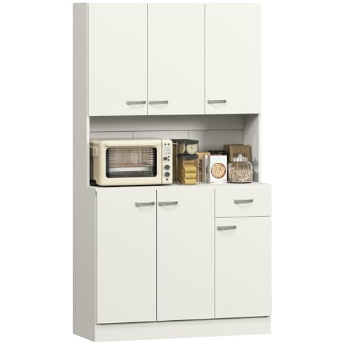 Image of HOMCOM 180cm Tall Kitchen Cupboard, Freestanding Kitchen Storage Cabinet with 6 Doors, Drawer, Adjustable Shelves and Open Countertop for Dining Room, Cream White