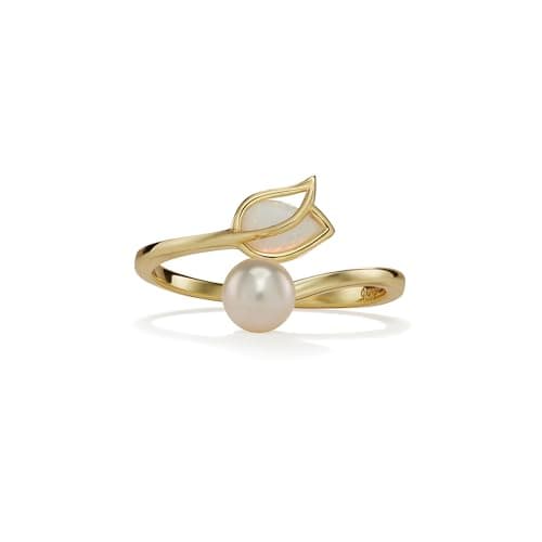 Image of PERIMADE Opal Tulip Pearl Adjustable Ring for Women, 925 Sterling Silver 18K Gold Plated Floral Bypass Ring, Hypoallergenic Trendy Birthday Anniversary Friendship Jewelry Gift, Gold