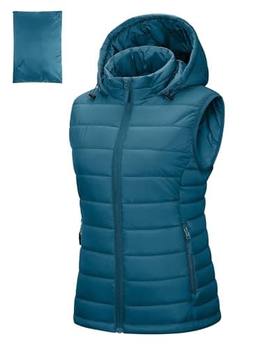 Image of Outdoor Ventures Womens Puffer Gilet with Hood Packable Quilted Vest Padded Outwear Vest Bodywarmer Ladies Windproof Sleeveless Jacket for Golf Hiking Cycling Ceramic Blue L