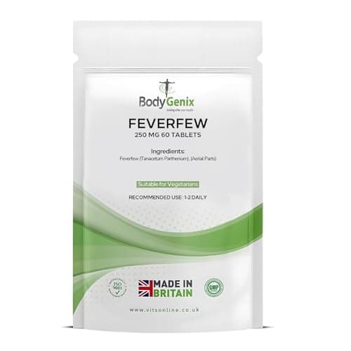 Image of Bodygenix Feverfew 250mg Tablets - Migraine Headaches Relief Joints Health Anti Inflammatory Natural Supplement - 60 Tablets 2 Month Supply