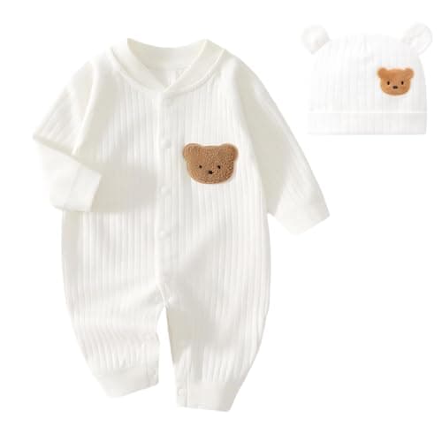Image of Eosbird Boys Girls Bodysuit Newborn Infant's Warm Cotton Bodysuit with Hat, Organic 100% Cotton Unisex Baby Bodysuit Vests, Comfortable Soft Cosy Cute Bodysuits for Boys & Girls (white, 0-3 Months)