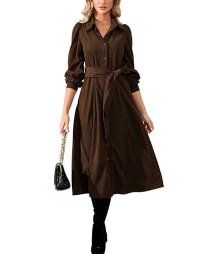 Image of YEXPINE Women's Corduroy Midi Dress Long Sleeve Button Down Belted Flowy Shirt Dress with Pockets, Brown, L