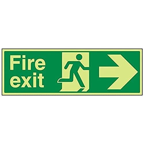 Image of V Safety Glow in the Dark Fire Exit Arrow Right Sign - 450 mm x 150 mm - Rigid Plastic Safety Sign