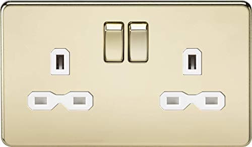 Image of Knightsbridge SFR9000PBW 13 A 2G Screw Less DP Polished Switched Socket with White Insert - Brass
